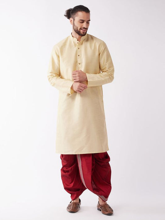 Men's Gold Silk Blend Straight Kurta and Dhoti Set