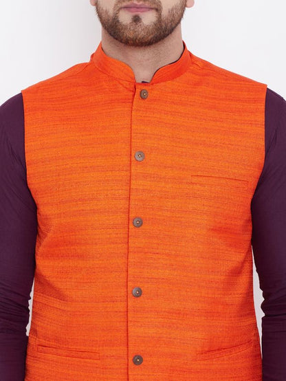 Men's Purple Cotton Blend Straight Jacket  Kurta and Pyjama Set