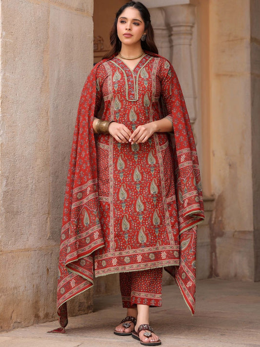 Dhiyona RR Women's Ethnic Motifs Printed Pleated Pure Cotton Kurta with Trousers & With Dupatta