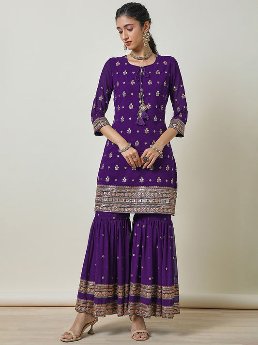 Dhiyona SO Women's Women Floral Printed Regular Thread Work Kurta with Sharara & With Dupatta