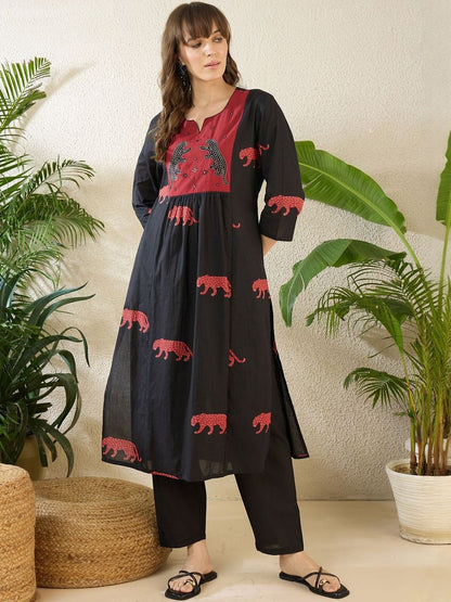 Women Animal Printed Tiered Thread Work Pure Cotton Kurta with Trousers