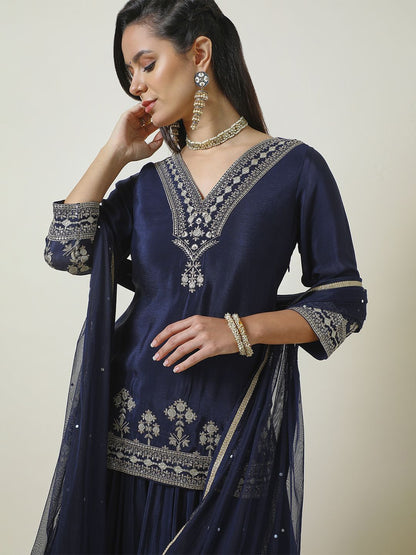 Dhiyona SO Women's Ethnic Motifs Embroidered Regular Sequinned Straight Kurti with Sharara & Dupatta