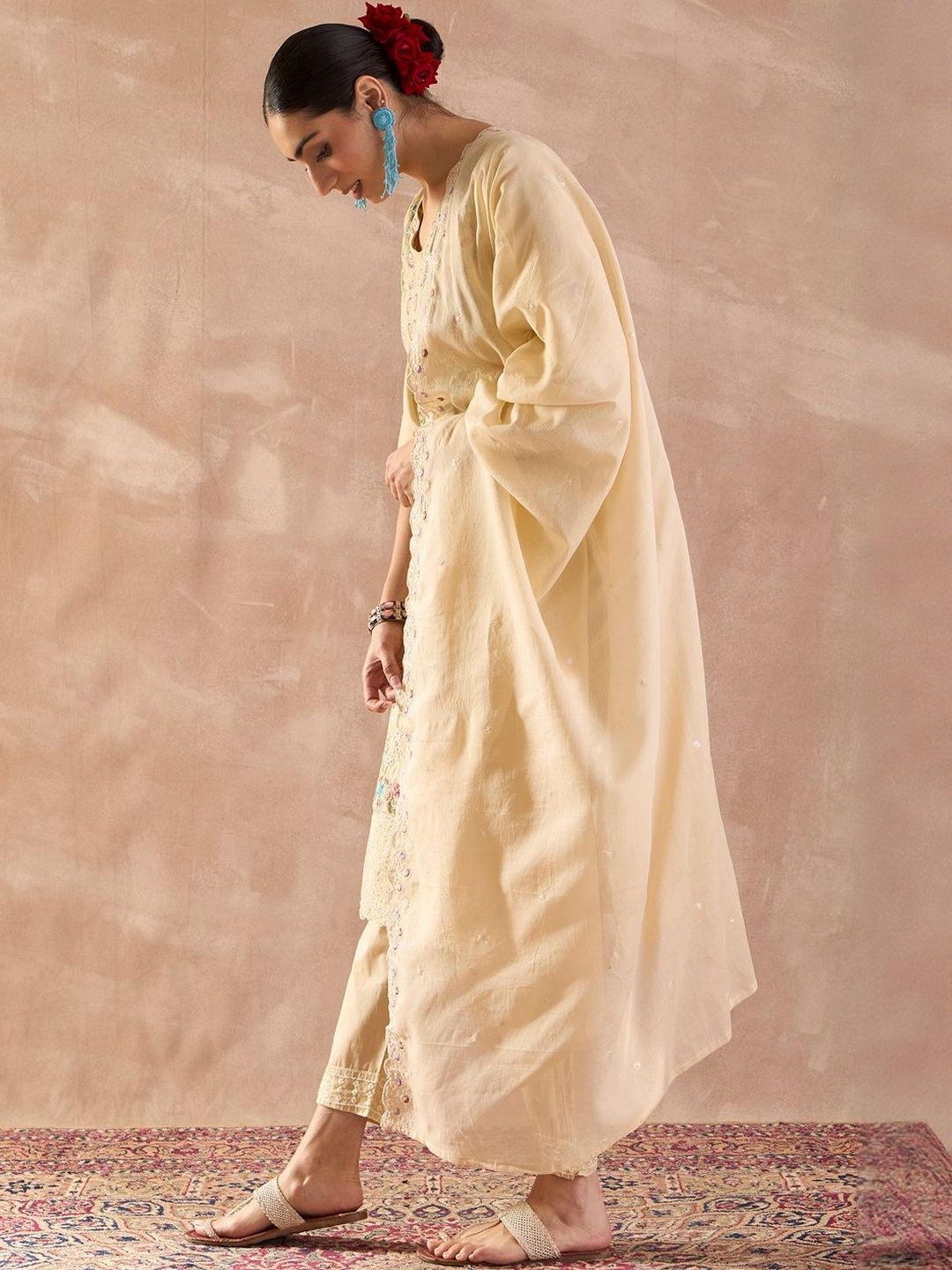 Floral Embroidered Pure Cotton Regular Thread Work Kurta With Trousers & Dupatta