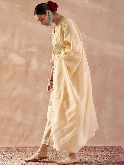 Floral Embroidered Pure Cotton Regular Thread Work Kurta With Trousers & Dupatta