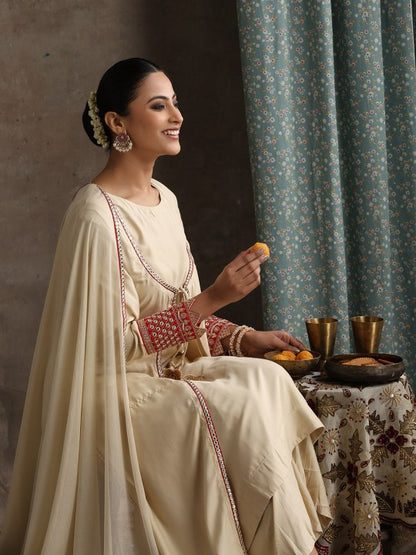 Women's Geometric Embroidered Mirror Work A-Line Kurta With Sharara & Dupatta