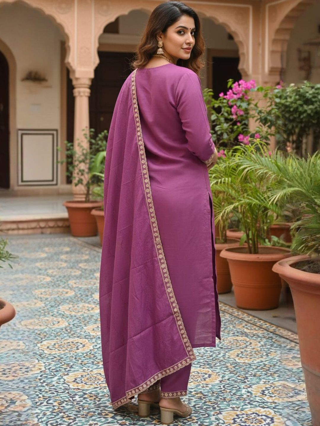 Women Mauve Embroidered Straight Kurta with Trousers & With Dupatta