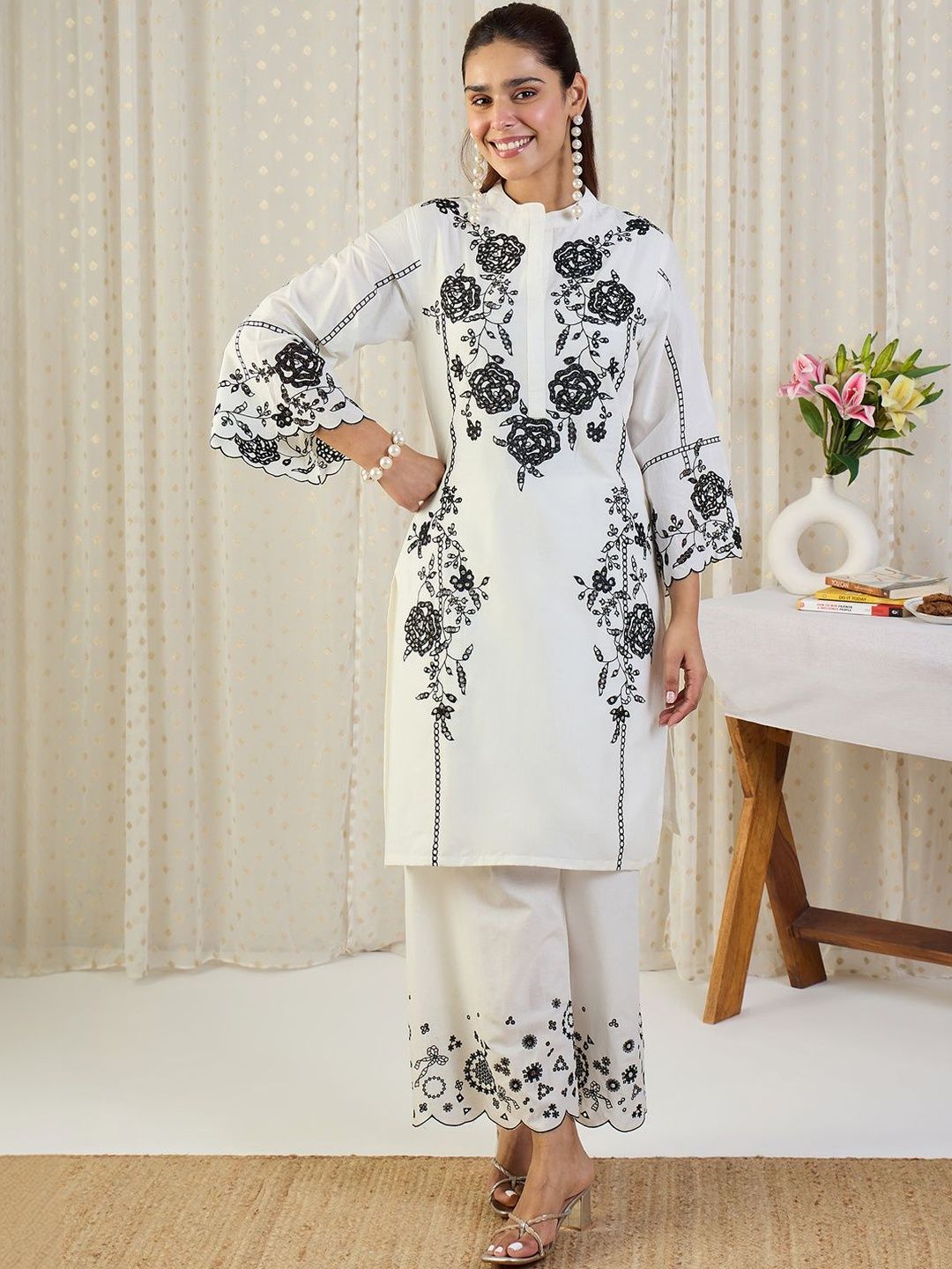 Floral Embroidered Thread Work Pure Cotton Kurta With Palazzos & Dupatta