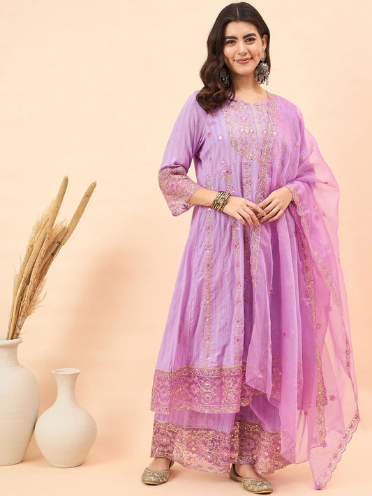 Dhiyona AN Floral Embroidered Sequinned Pure Cotton Kurta With Sharara & Dupatta