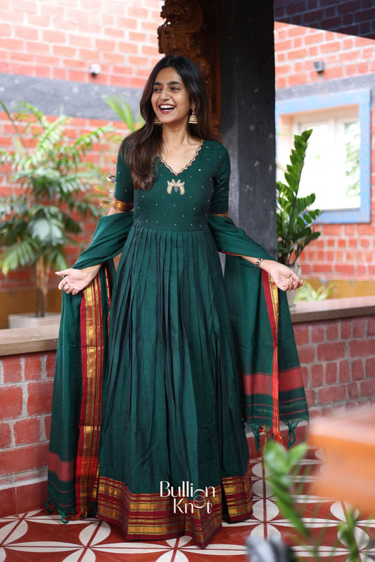 Dhiyona BN Bunaai Handloom Anarkali (Dress) in Green