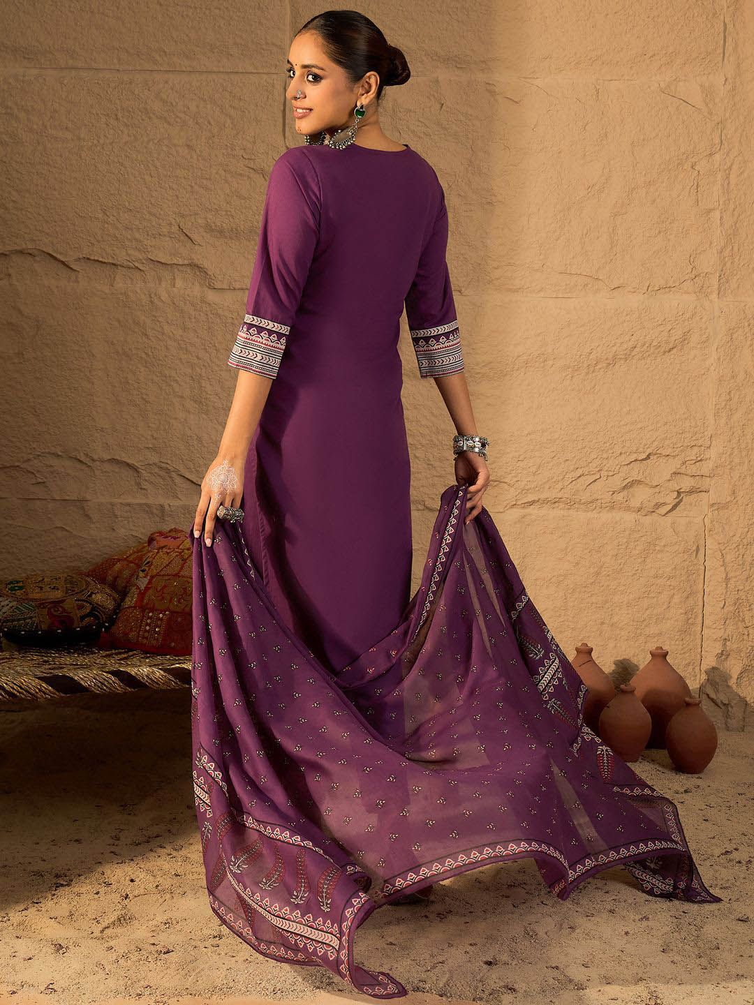 Thread Work Pure Cotton Straight Kurta With Trousers & Dupatta