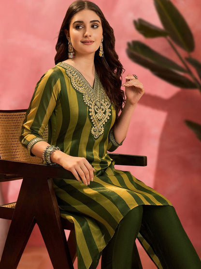 Dhiyona SN Women's Striped V-Neck Thread Work A-Line Asymmetric Kurta & Trousers