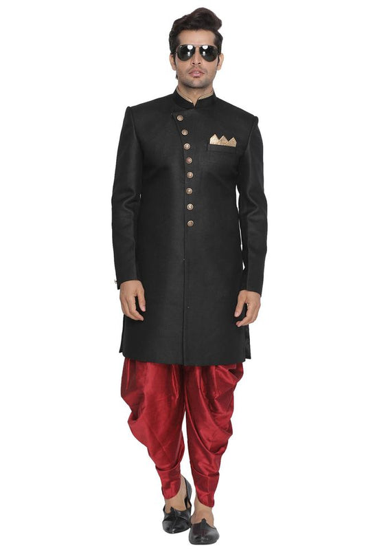 Men's Black Polyester Lurex Blend Straight Sherwani Set
