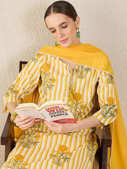 Women Floral Printed Cotton Kurta with Trousers & Dupatta