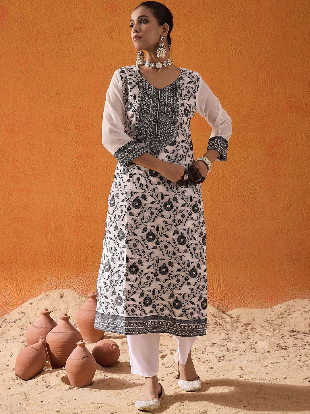 Dhiyona IE White Ethnic Motifs Woven Design Straight Kurta with Trousers & Dupatta