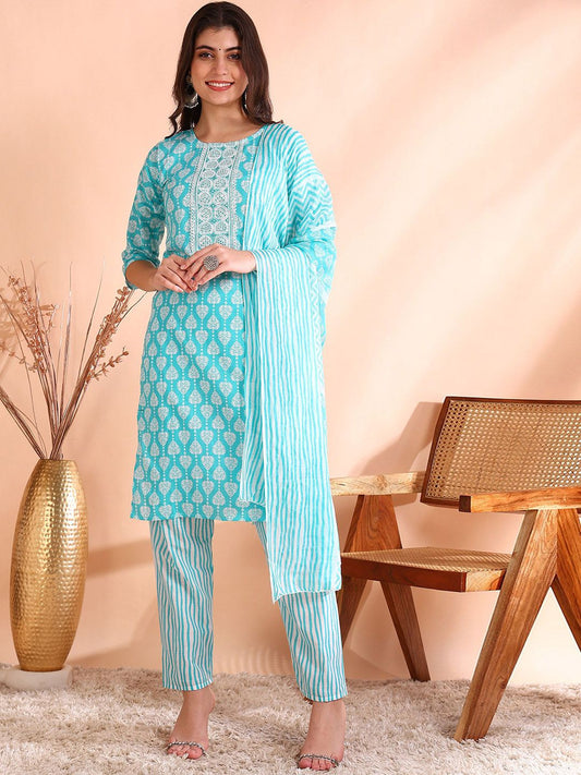 Dhiyona OD  Thread Work Pure Cotton Straight Kurta with Trousers & Dupatta