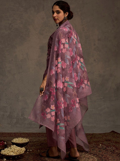 Women Ethnic Motifs Embroidered Regular Thread Work Chanderi Cotton Kurta with Trousers & With