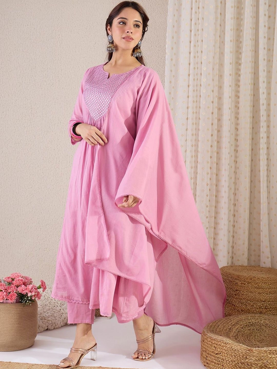 Women Pleated Mirror Work Pure Cotton Kurta with Trousers & With Dupatta