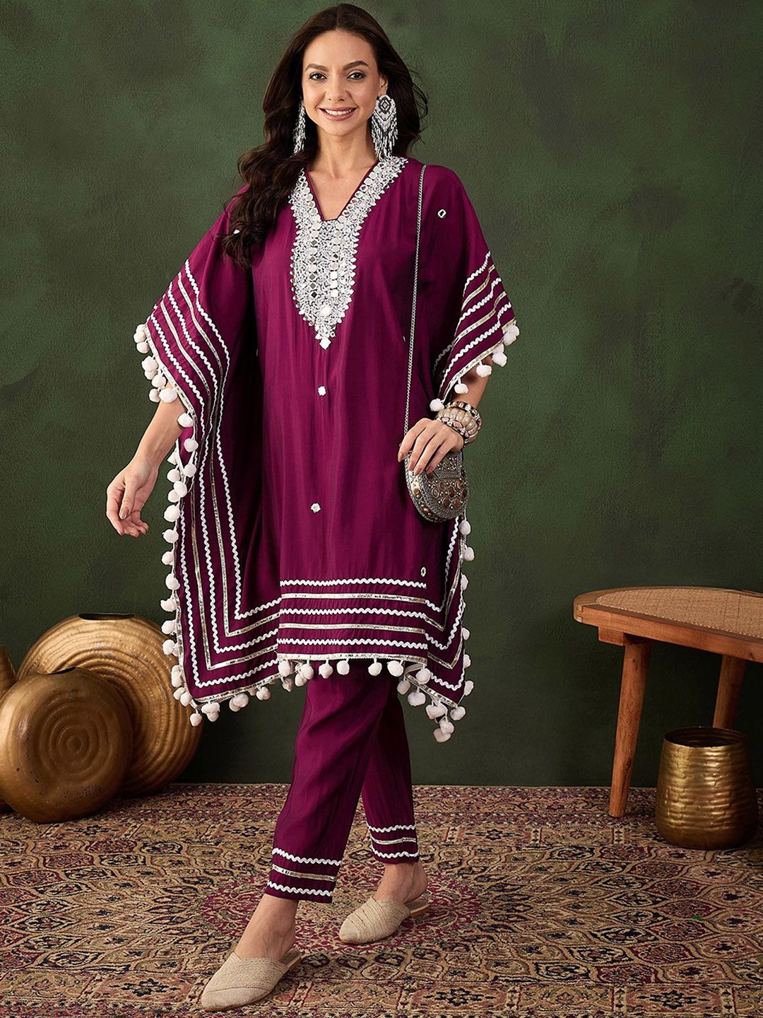 Dhiyona SN Women's Purple Geometric Embroidered Mirror Work Roman Silk Kurta With Trouser