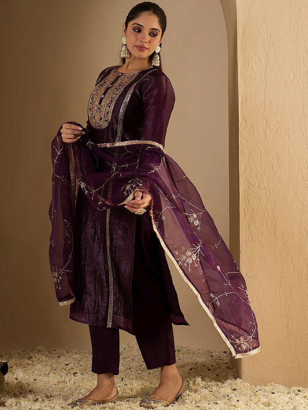 Women Ethnic Motifs Embroidered Regular Kurta with Trousers & With Dupatta