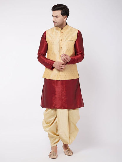 Men's Maroon Silk Blend Straight Jacket  Kurta and Dhoti Set