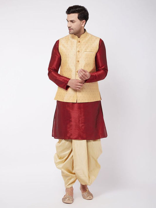Men's Maroon Silk Blend Straight Jacket  Kurta and Dhoti Set