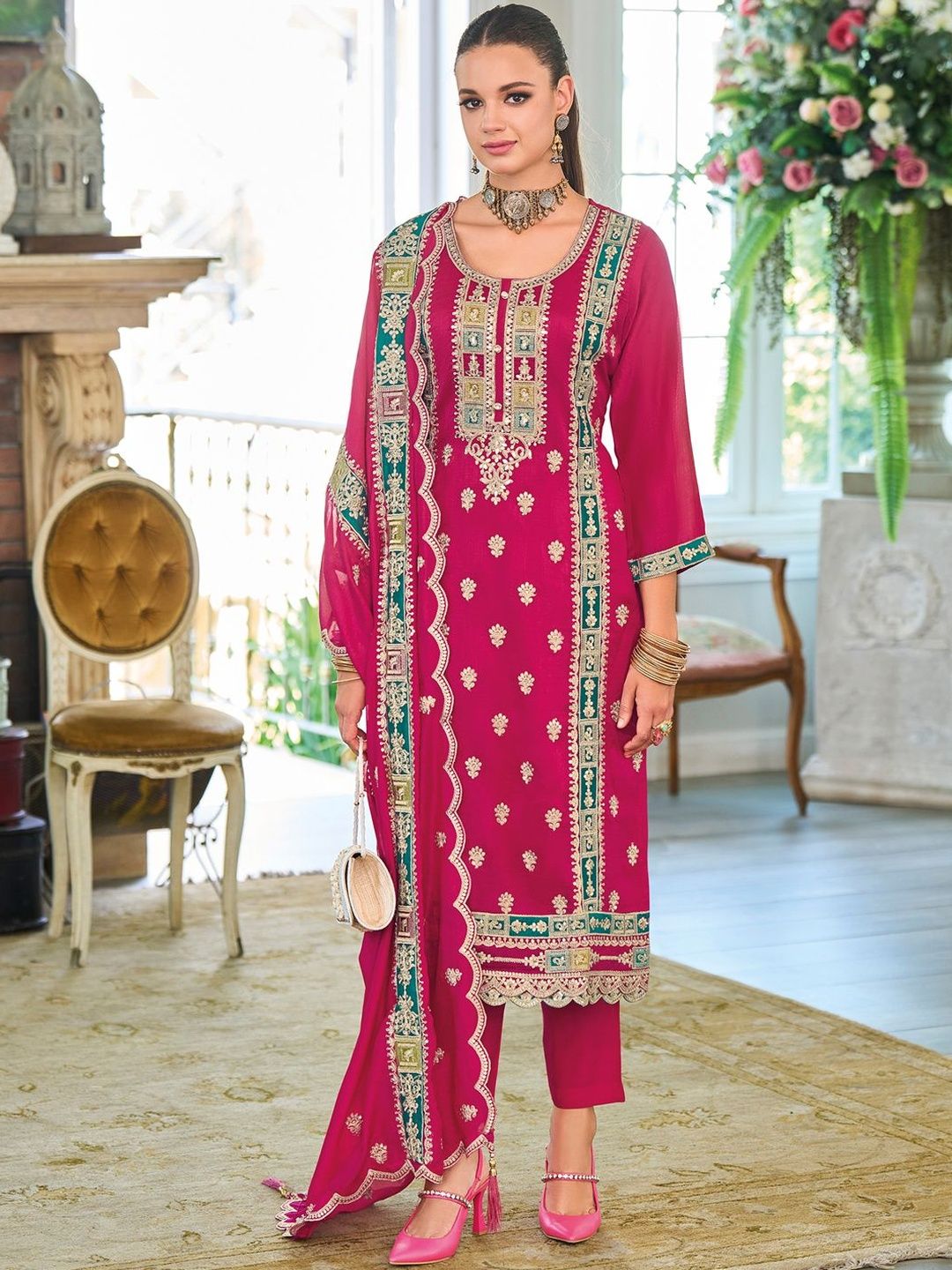 Dhiyona IE Women Ethnic Motifs Embroidered Kurta with Trousers & Dupatta