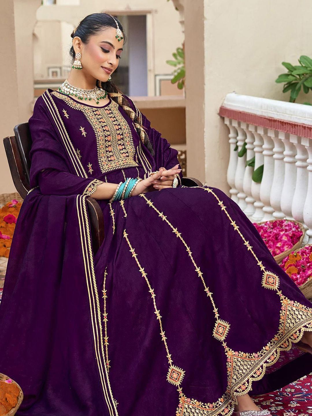 Dhiyona CH Floral Embroidered Pleated Sequinned Anarkali Kurta With Trousers & Dupatta