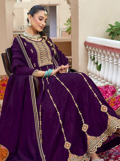 Dhiyona CH Floral Embroidered Pleated Sequinned Anarkali Kurta With Trousers & Dupatta
