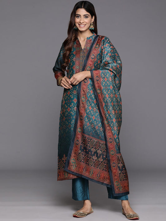Dhiyona VA Women'sFloral Printed Mandarin Collar Chanderi Silk Kurta With Trousers & Dupatta