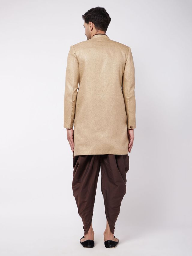 Men's Beige Polyester Lurex Blend Straight Sherwani Set