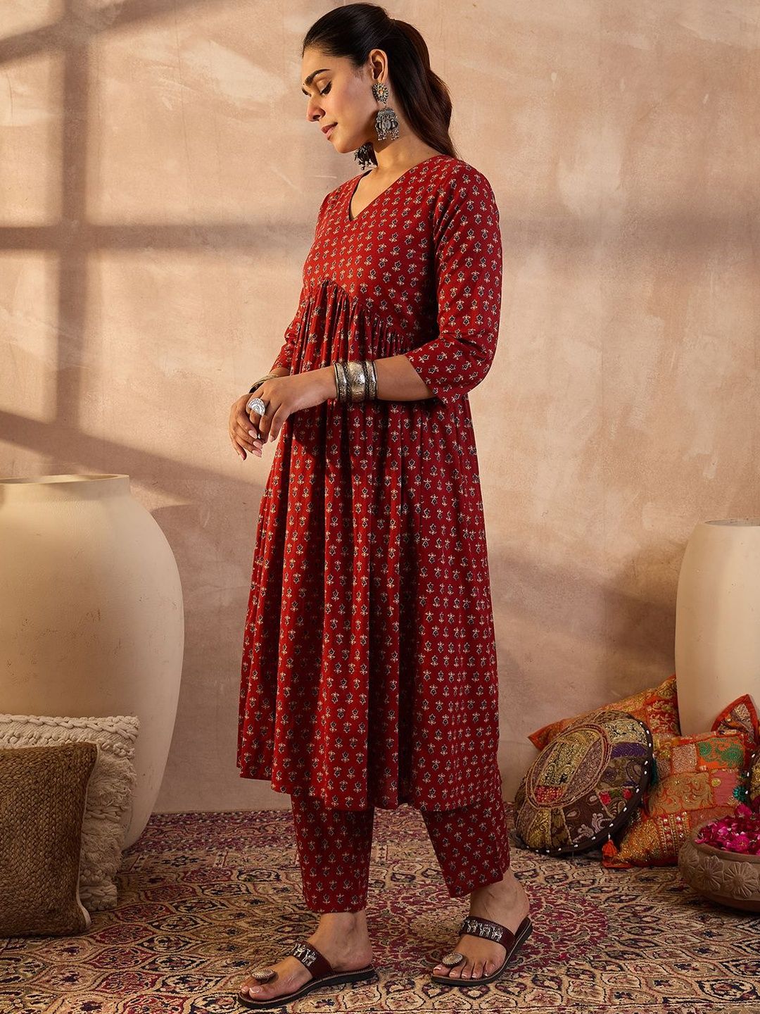 Ethnic Motifs Printed A-Line Pure Cotton Kurta With Trousers