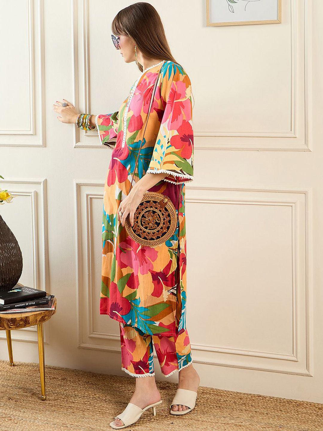 Dhiyona IE Floral Printed V-Neck Pure Cotton Tunic With Trouser