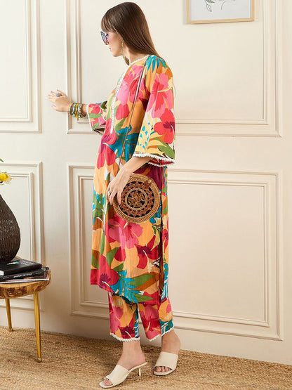 Dhiyona IE Floral Printed V-Neck Pure Cotton Tunic With Trouser