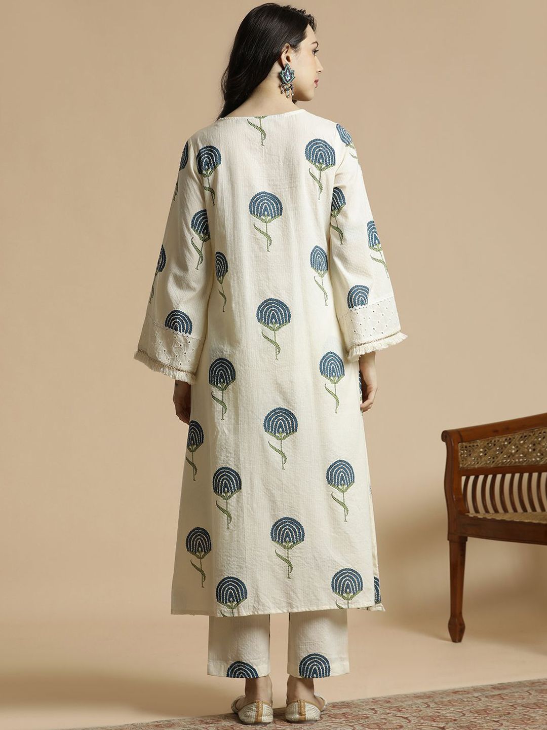 Women's Floral Printed Regular Mirror Work Pure Cotton A-Line Kurta with Palazzos