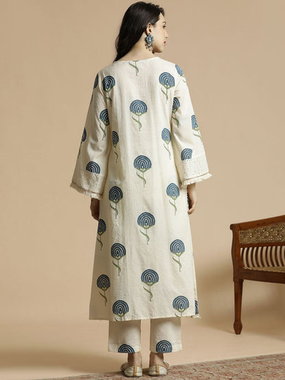 Women's Floral Printed Regular Mirror Work Pure Cotton A-Line Kurta with Palazzos