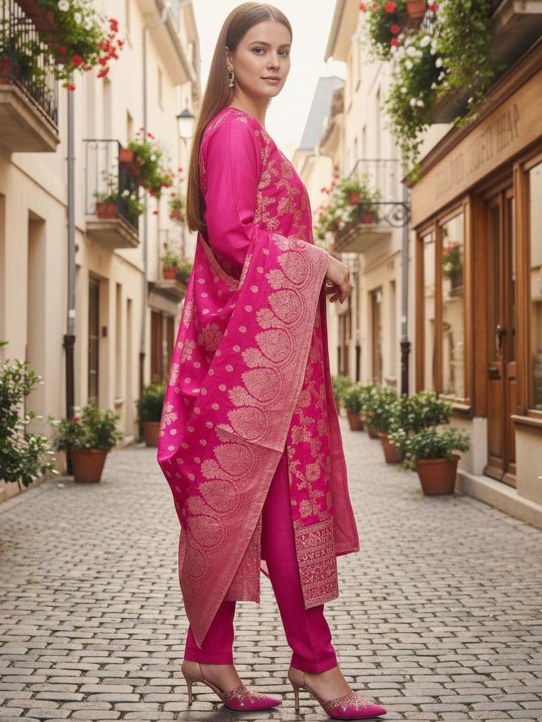 Floral Woven Design Round Neck Zari Work Straight Kurta With Trouser & Dupatta