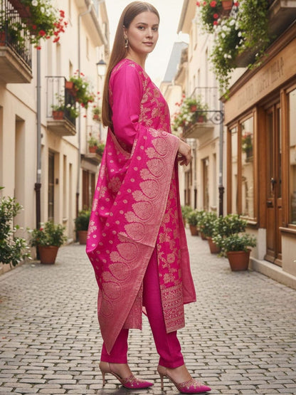 Floral Woven Design Round Neck Zari Work Straight Kurta With Trouser & Dupatta