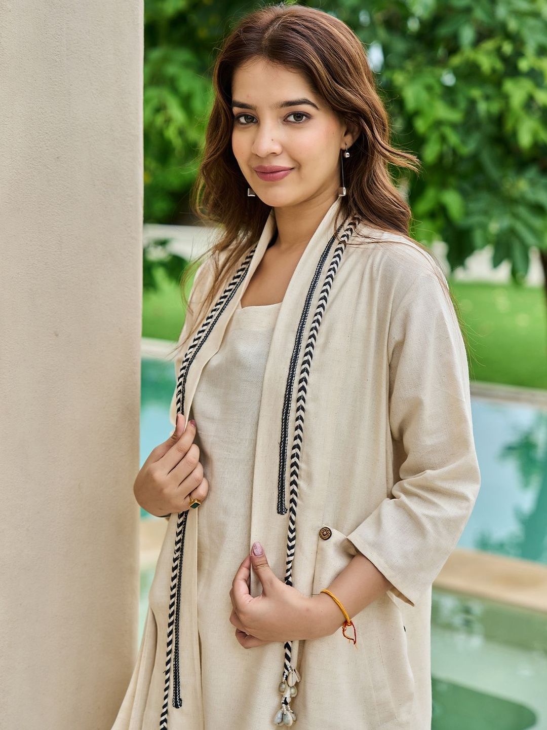 Women Solid Cotton Top with Palazzo & Jacket