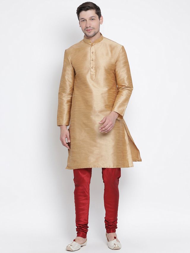 Men's Gold Silk Blend Straight Kurta Pyjama Set