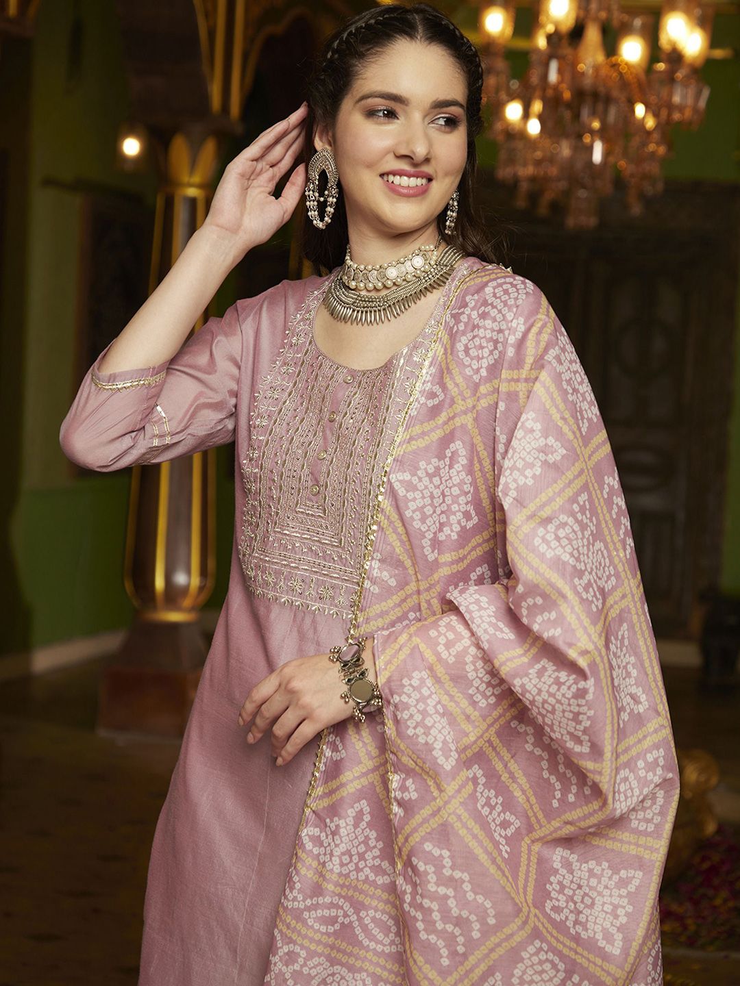 Dhiyona SN Women's Mauve Floral Embroidered Round Neck Straight Kurta With Trouser & Dupatta