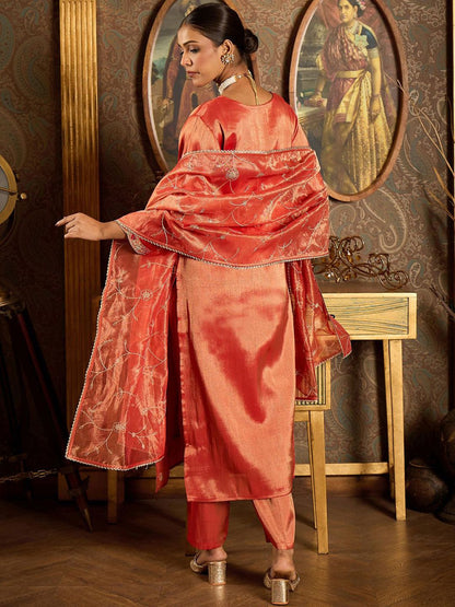 Floral Embroidered V-Neck Regular Liva Kurta With Trouser With Dupatta