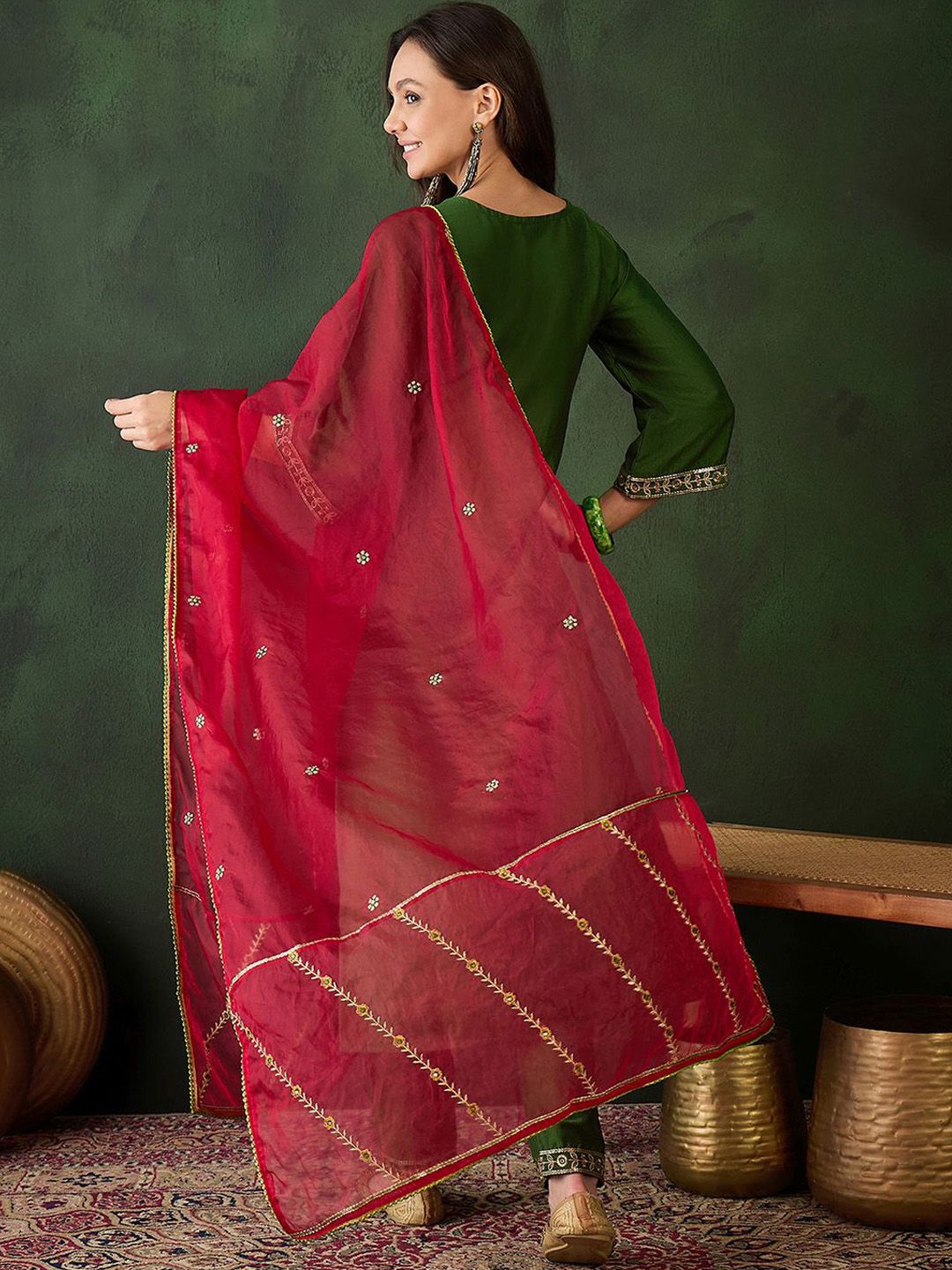 Dhiyona SN Women's Floral Embroidered Zari & Sequinned Work Straight Kurta With Trouser & Duputta
