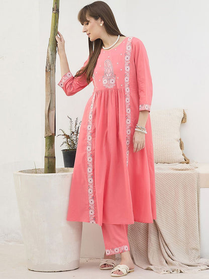 Dhiyona IE Floral Embroidered Pure Cotton Round Neck Tunic With Trousers