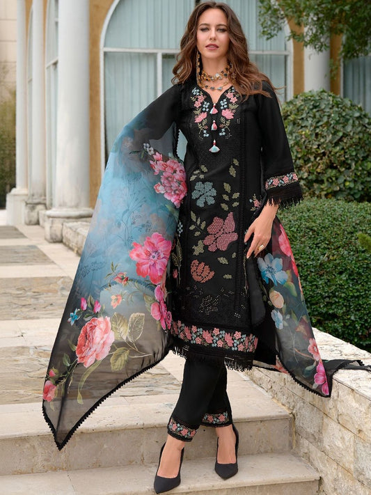 Women Floral Embroidered Regular Thread Work Pure Silk Kurta with Trousers & With Dupatta