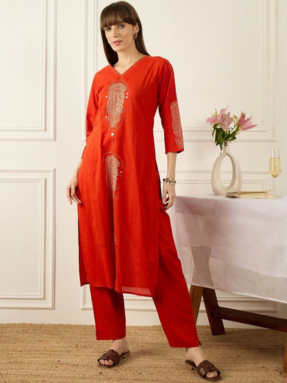 Women Ethnic Motifs Embroidered Regular Mirror Work Pure Cotton Kurta with Trousers & With Dupatta