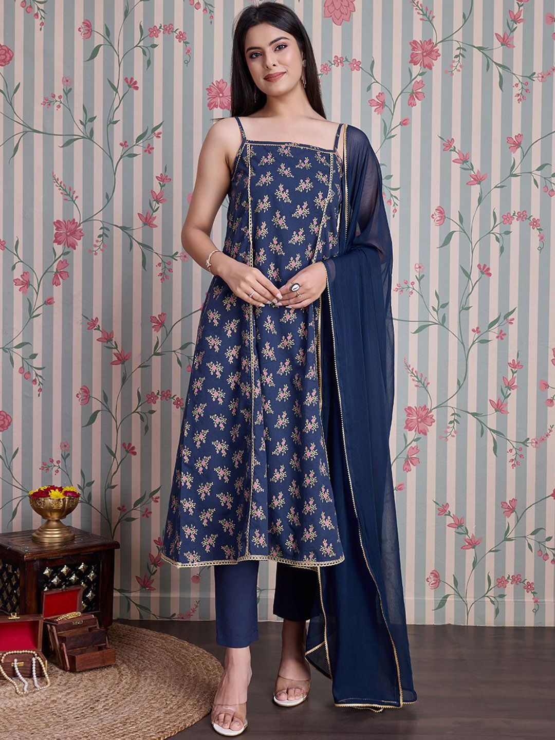 Dhiyona OD  Floral Printed Gotta Patti Pure Cotton Anarkali Kurta Set