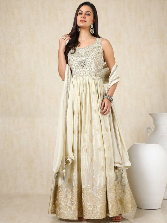 Dhiyona SO Women's Floral Woven Design Angrakha Mirror Work Anarkali Kurta with Churidar & Dupatta