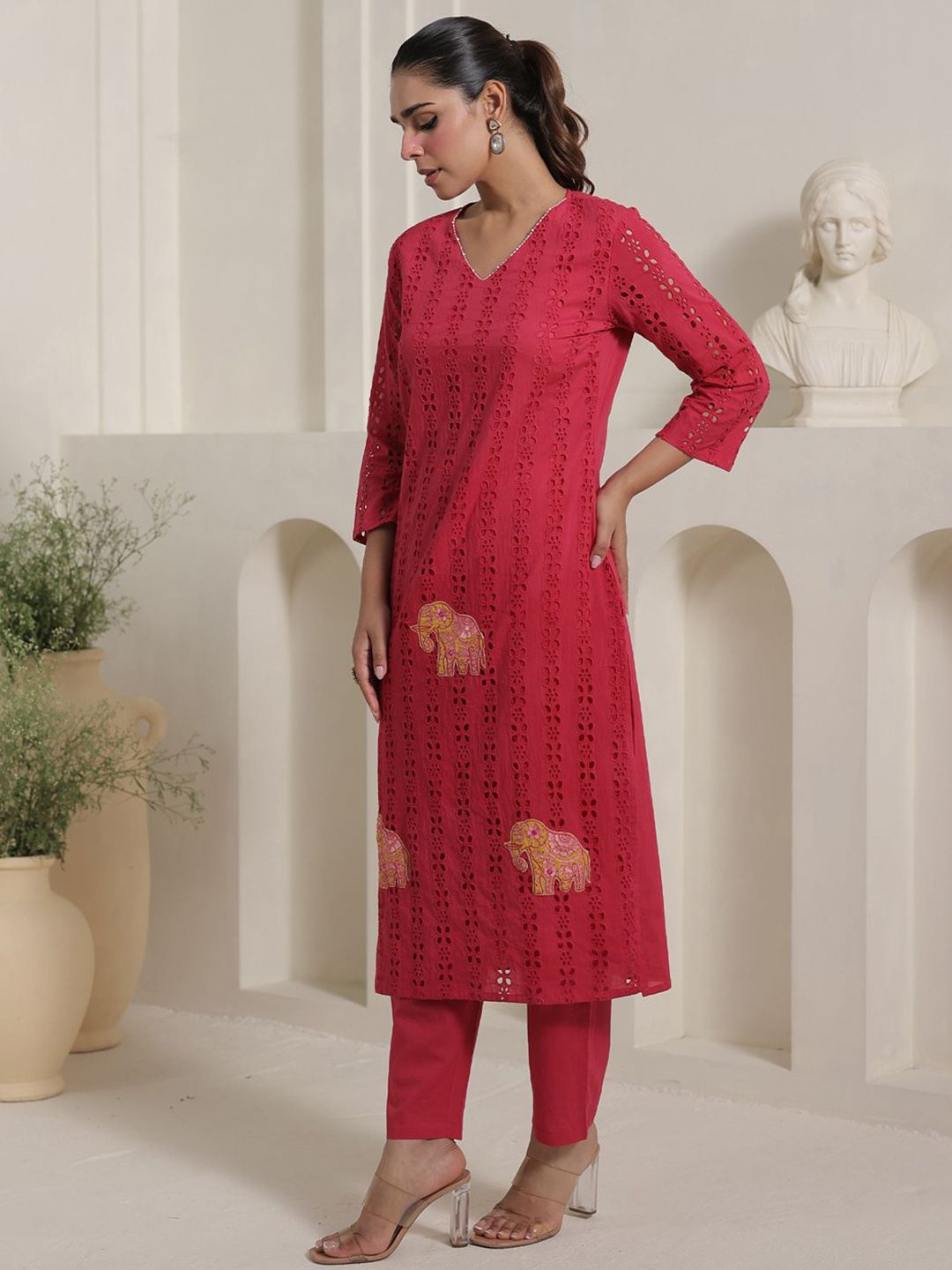 Women Self Design Regular Pure Cotton Kurta with Trousers