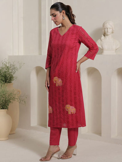 Women Self Design Regular Pure Cotton Kurta with Trousers