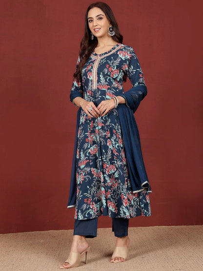 Dhiyona VA Women's Floral Printed Regular Pure Cotton Kurta, Trousers with Dupatta